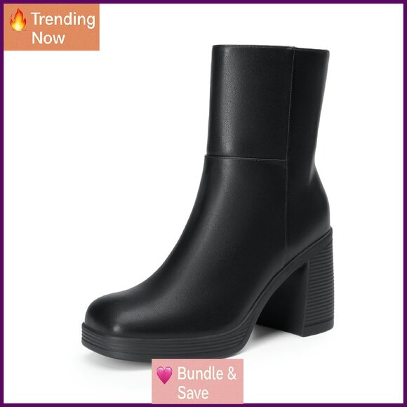 Women's Platform Ankle Boots Chunky Heels Square Toe Side Zipper Party - Picture 1 of 8